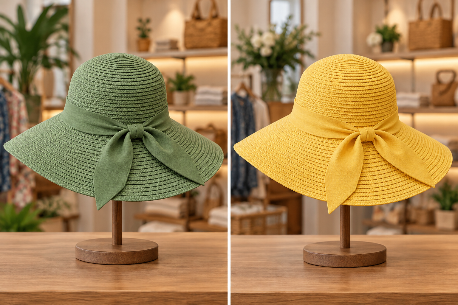 A green hat and a yellow hat in a shop