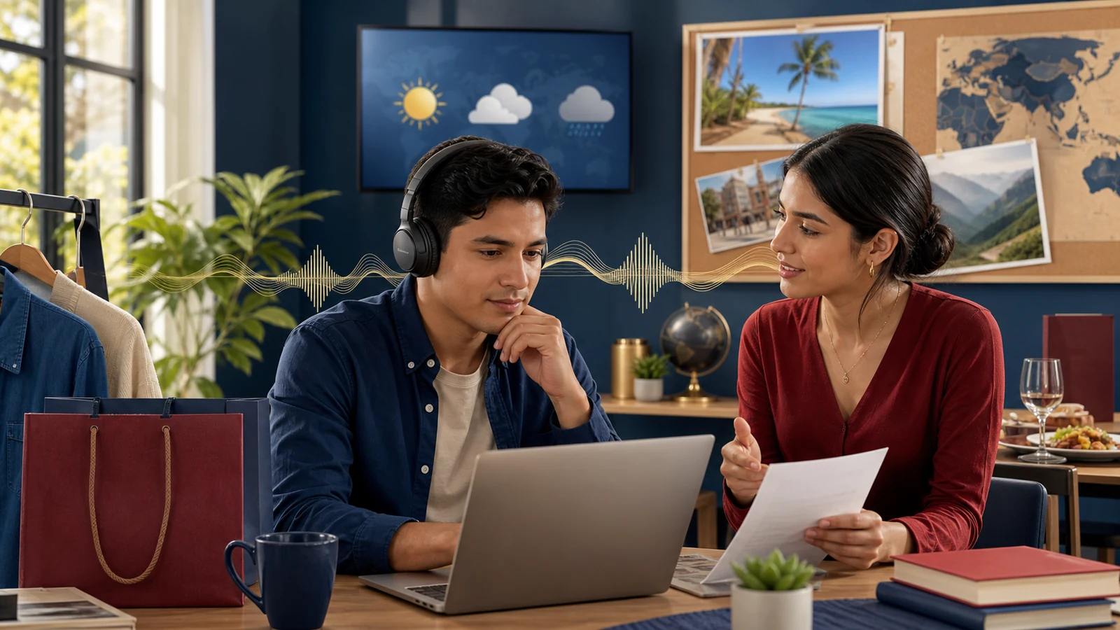 Adult learner practicing English listening with headphones and a classmate