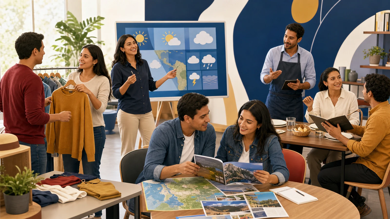 Adult learners practicing weather, shopping, travel and restaurant conversations