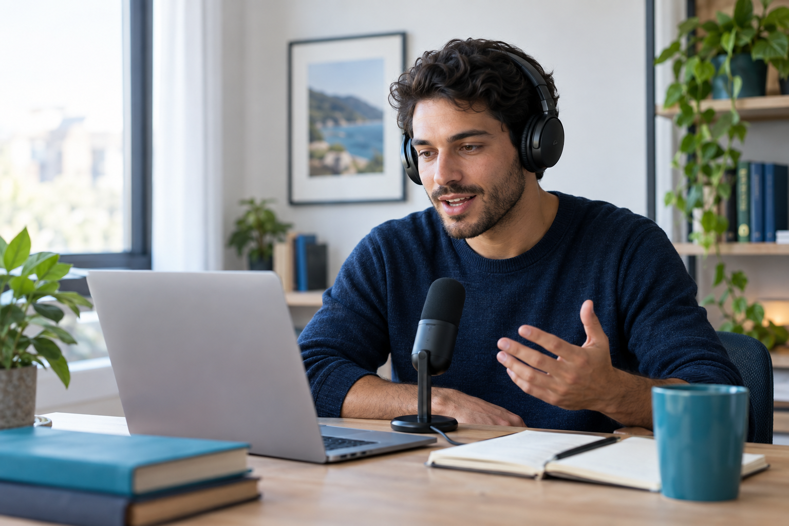 English learner practicing pronunciation with a microphone