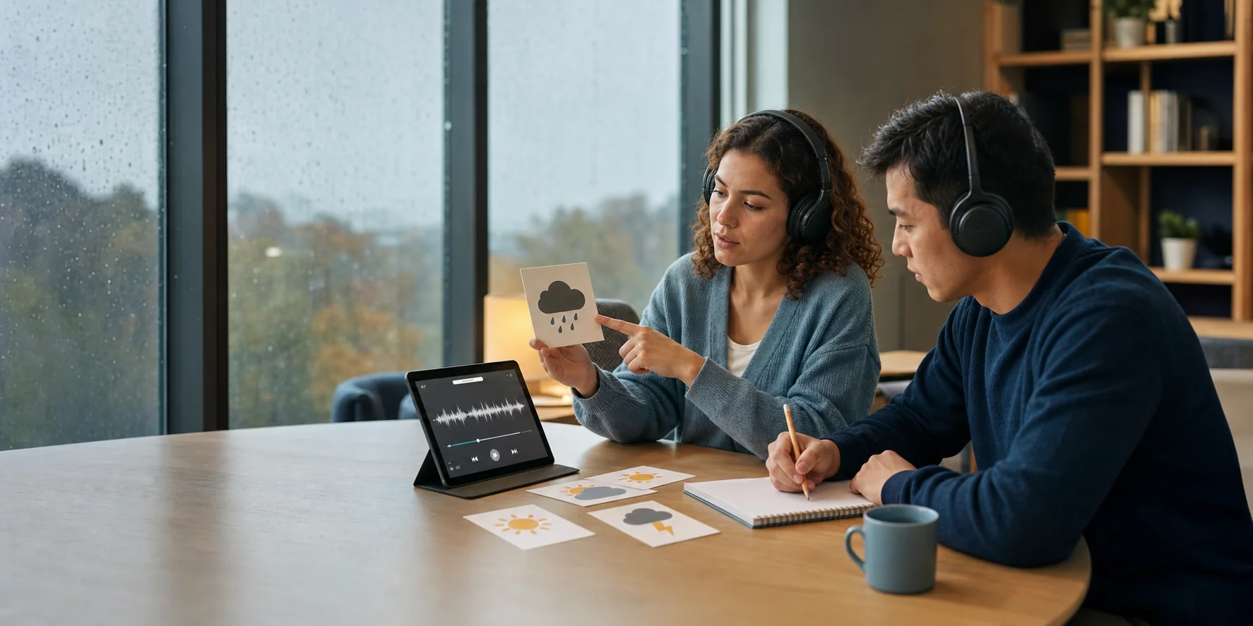 Audio listening activity with headphones and rainy weather cards