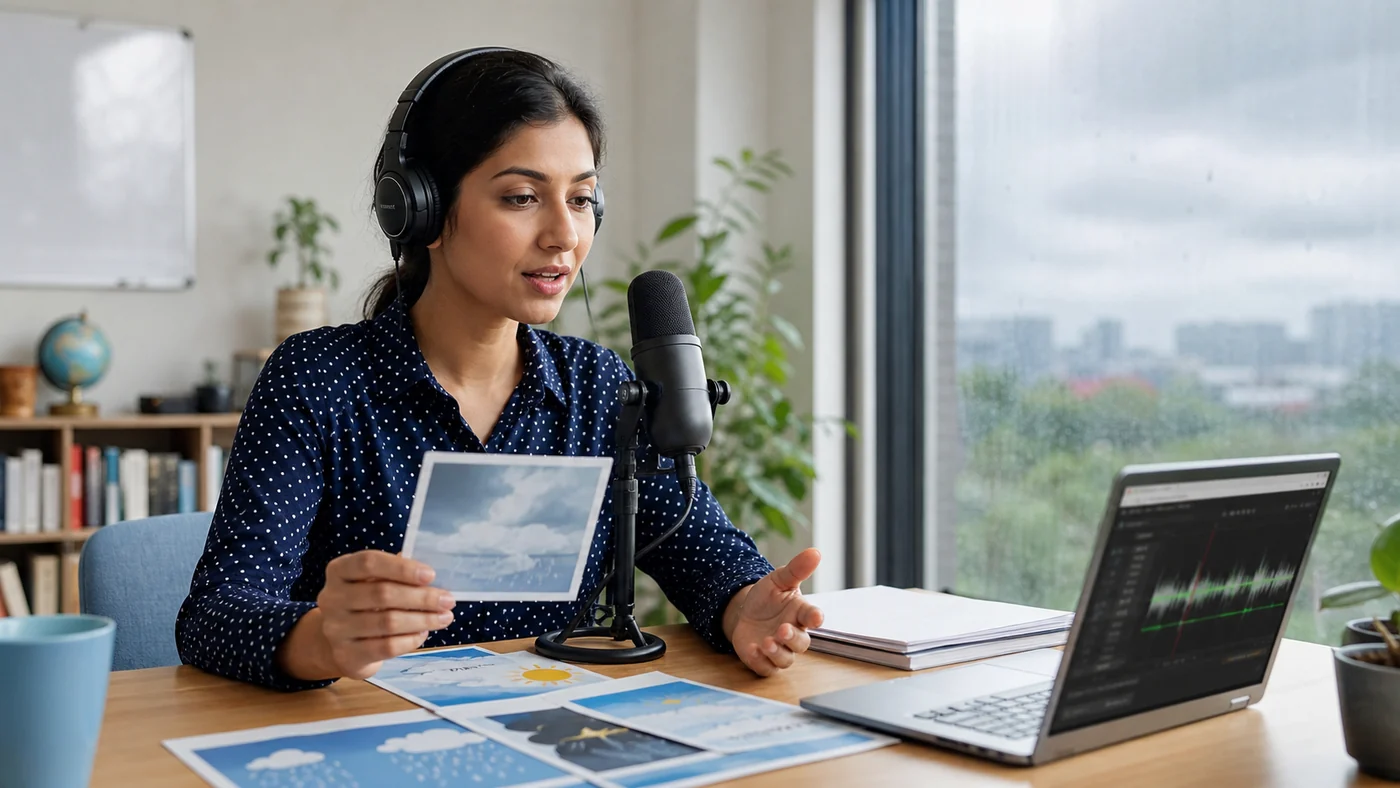 Pronunciation activity with microphone and weather cards