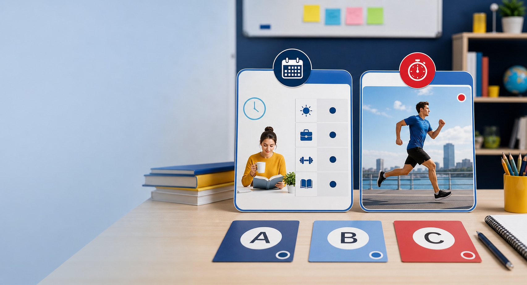 English grammar workshop with A, B, and C answer cards