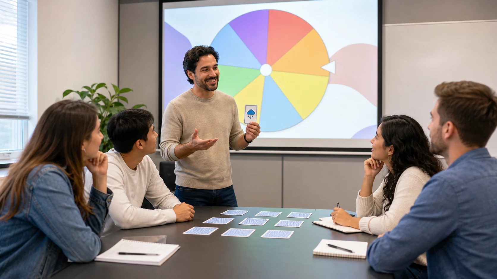 Teacher using hidden weather cards and a student roulette for oral production