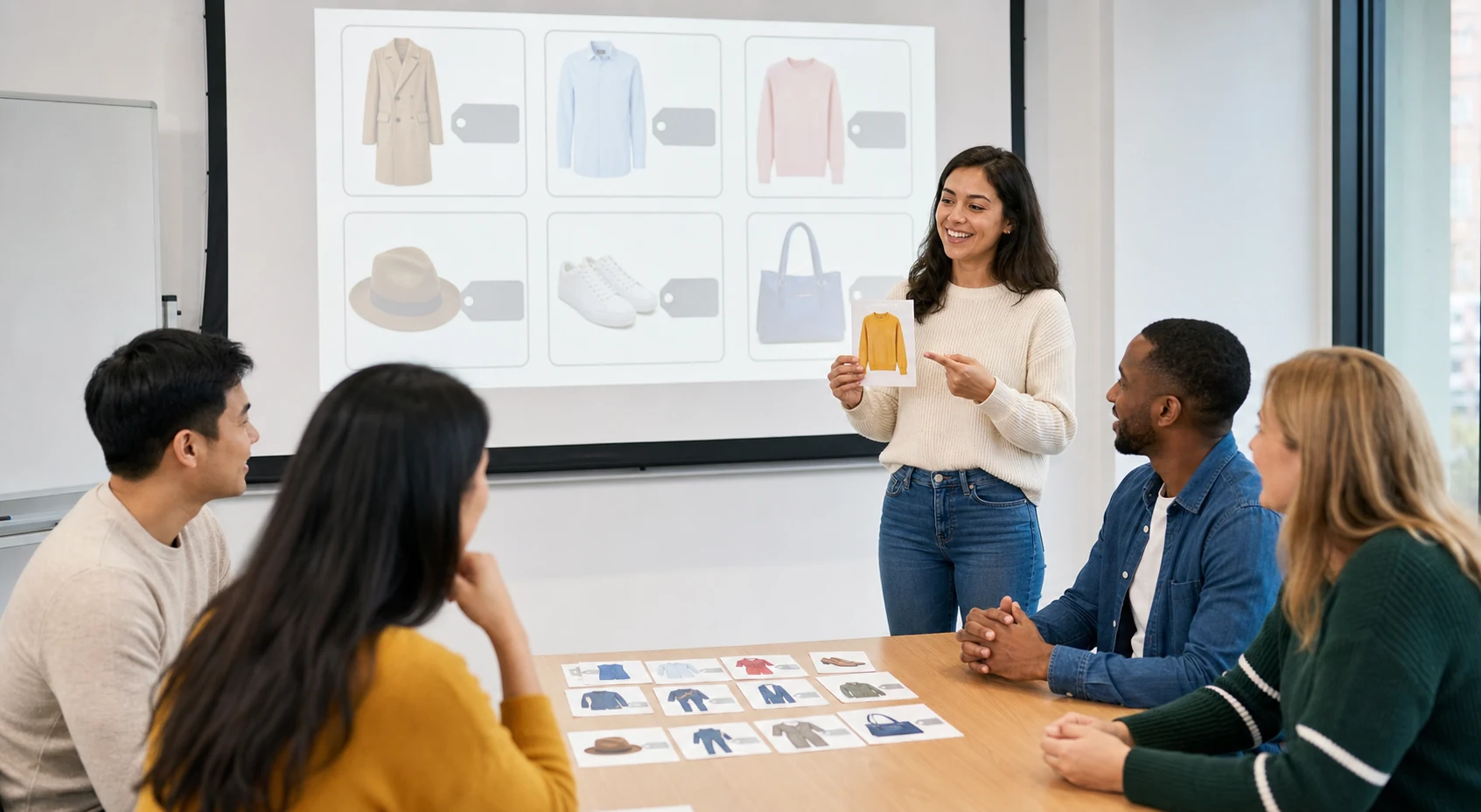 Teacher showing clothing price cards for English speaking practice