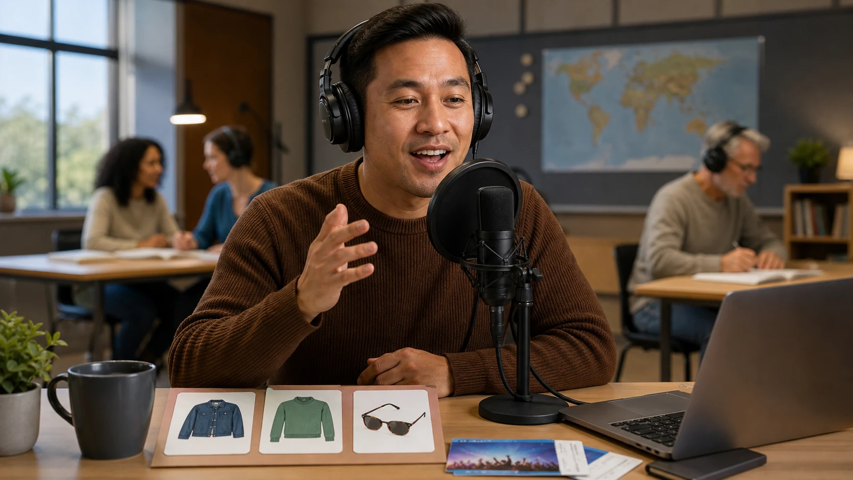 Pronunciation activity with microphone, clothing cards, and concert tickets