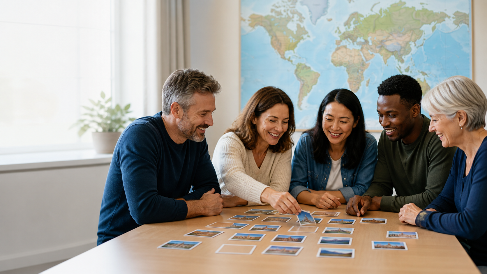 Adult learners playing a world-place adjective memory game