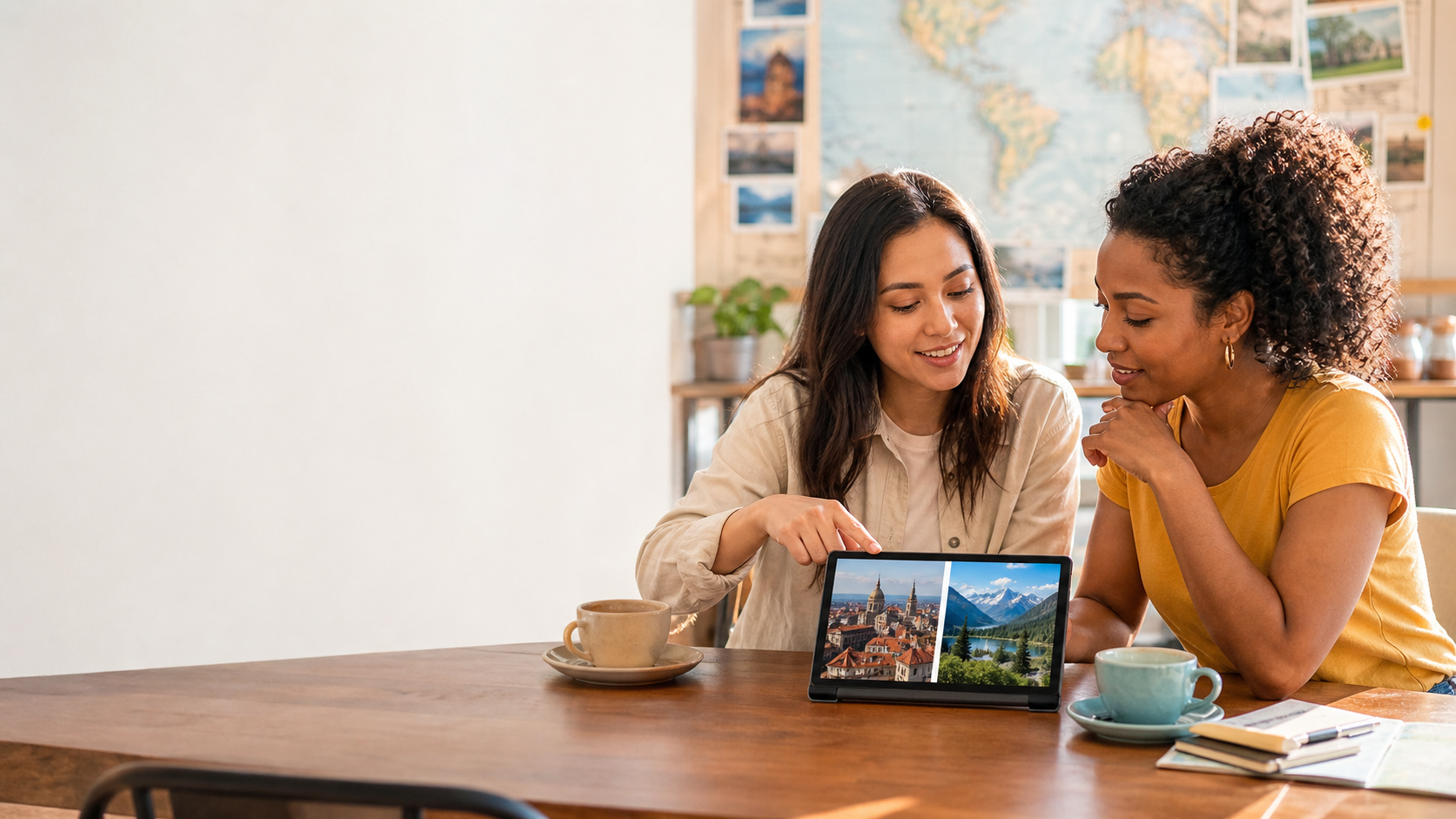 Two friends comparing travel destinations for an English listening activity