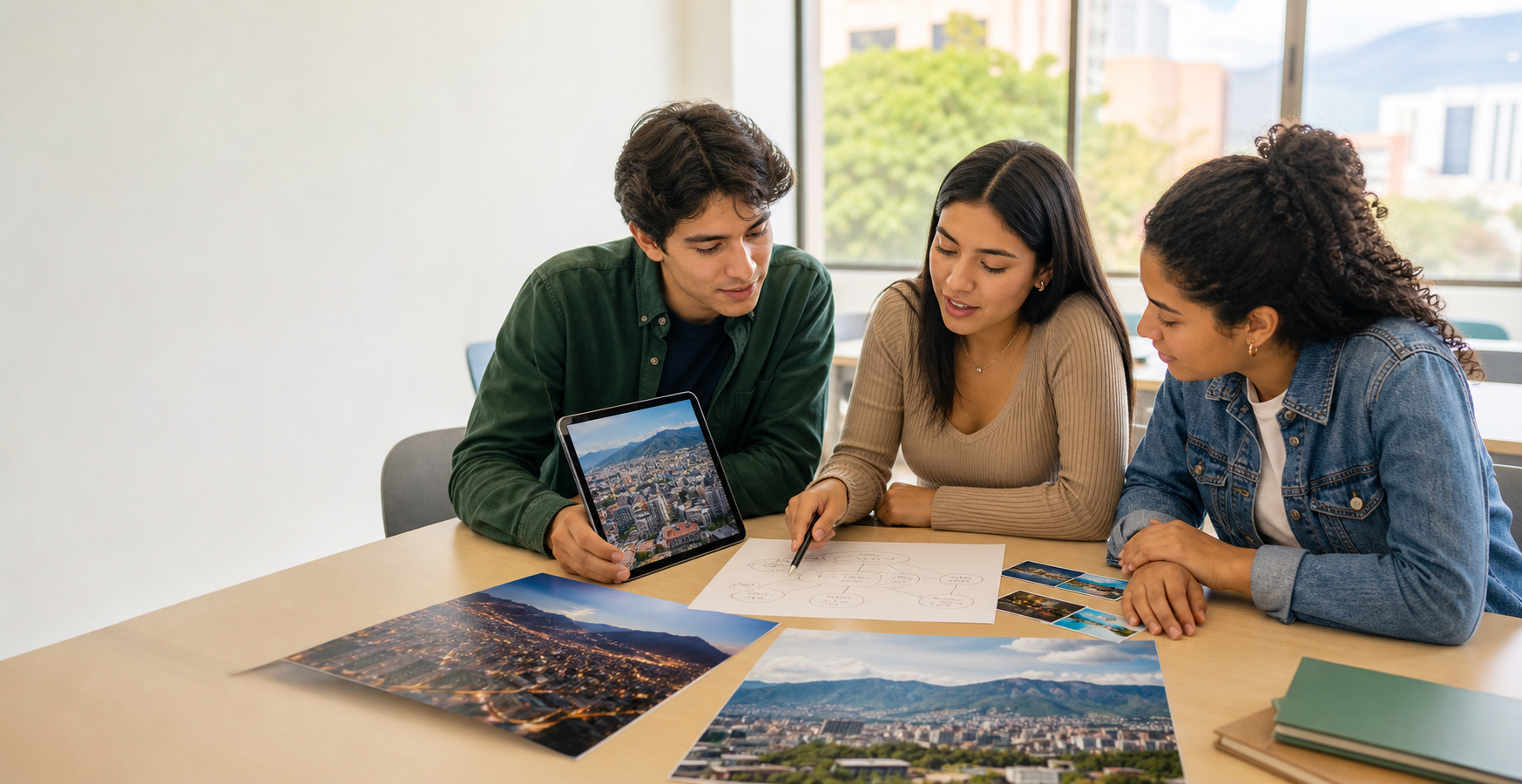 University students comparing travel photographs in a grammar activity