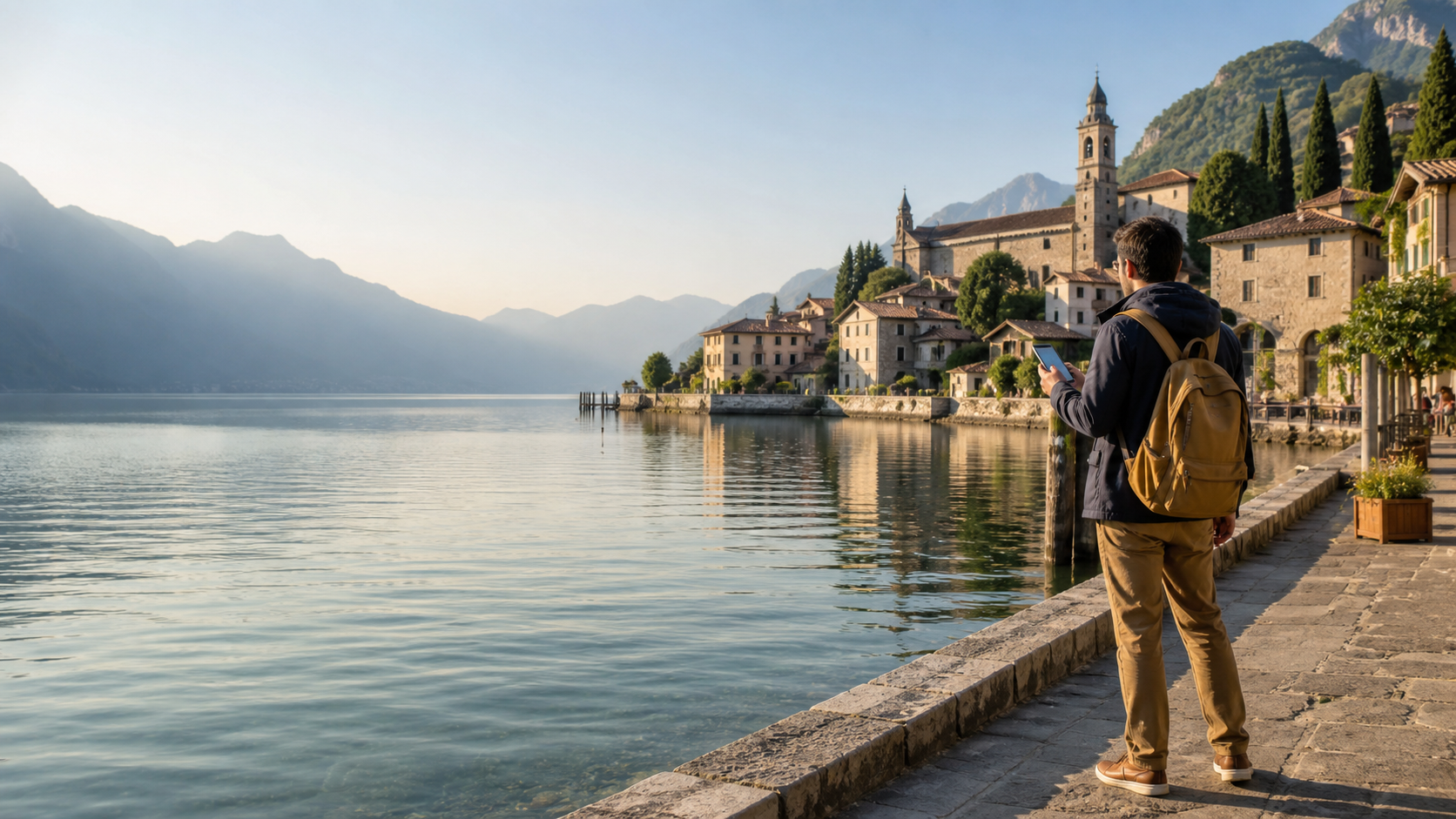 Traveler reading a guide in a peaceful lakeside village