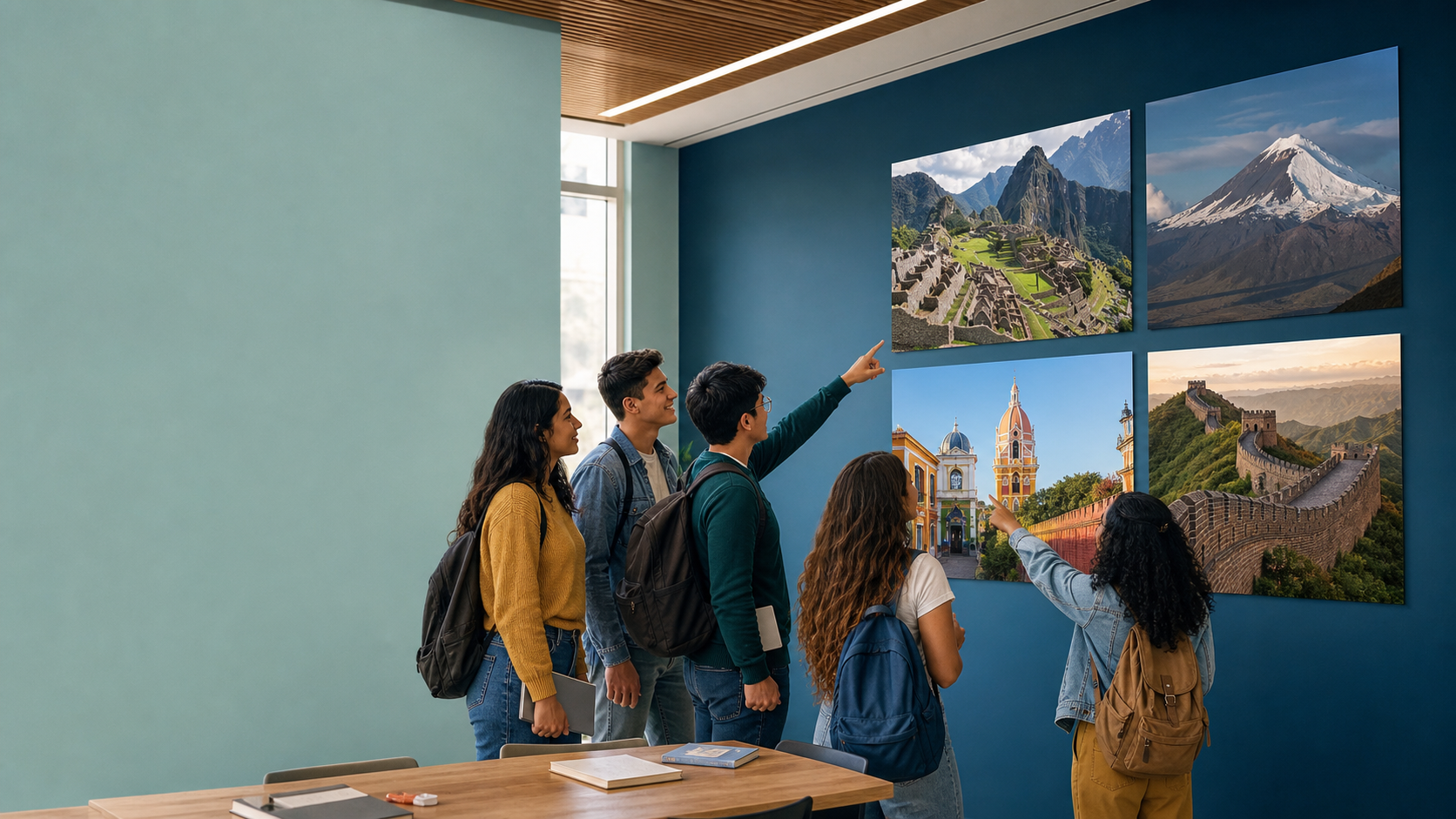 Students exploring a visual superlative wall with world places