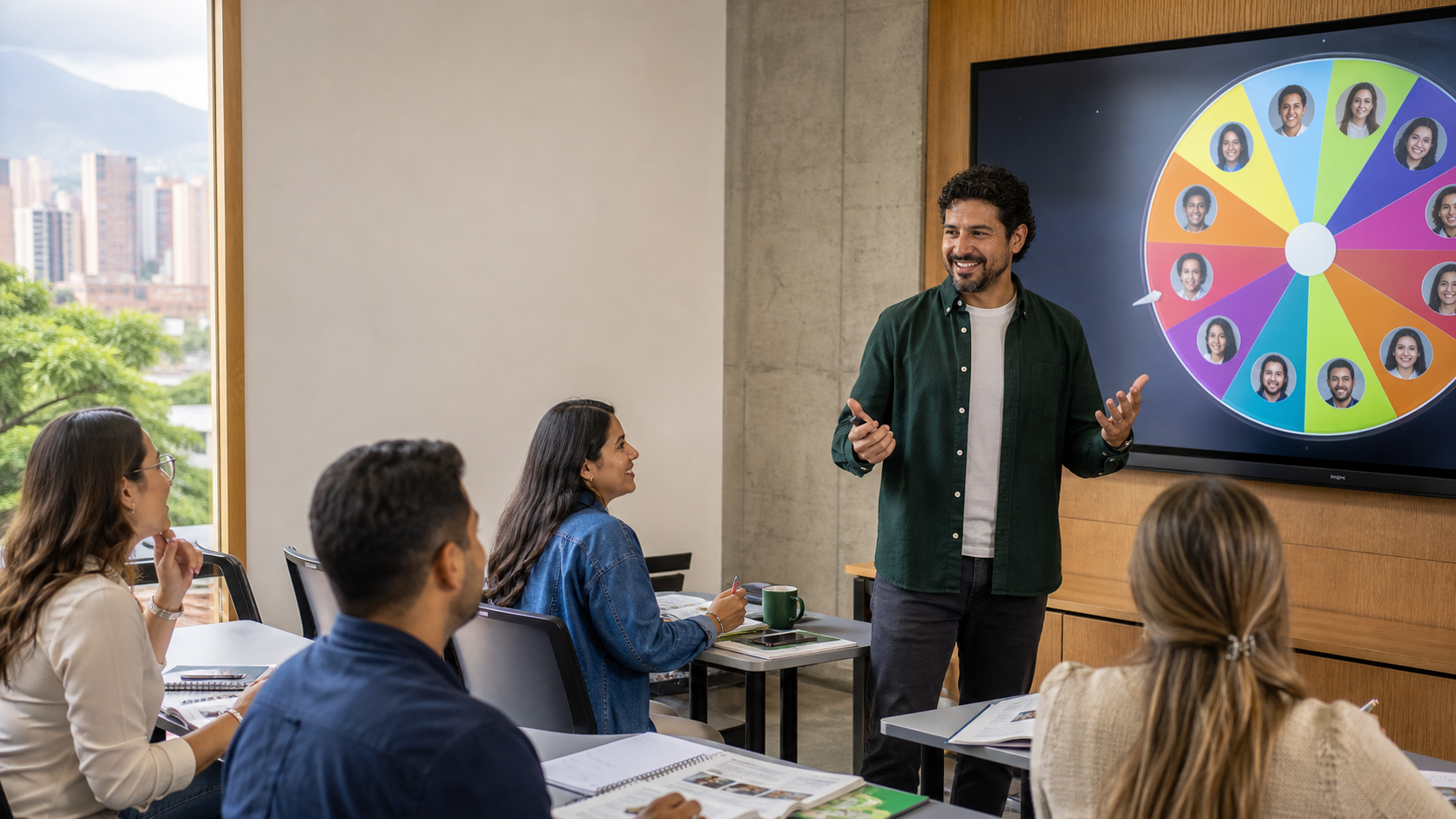 Teacher leading an English classroom activity with a student roulette