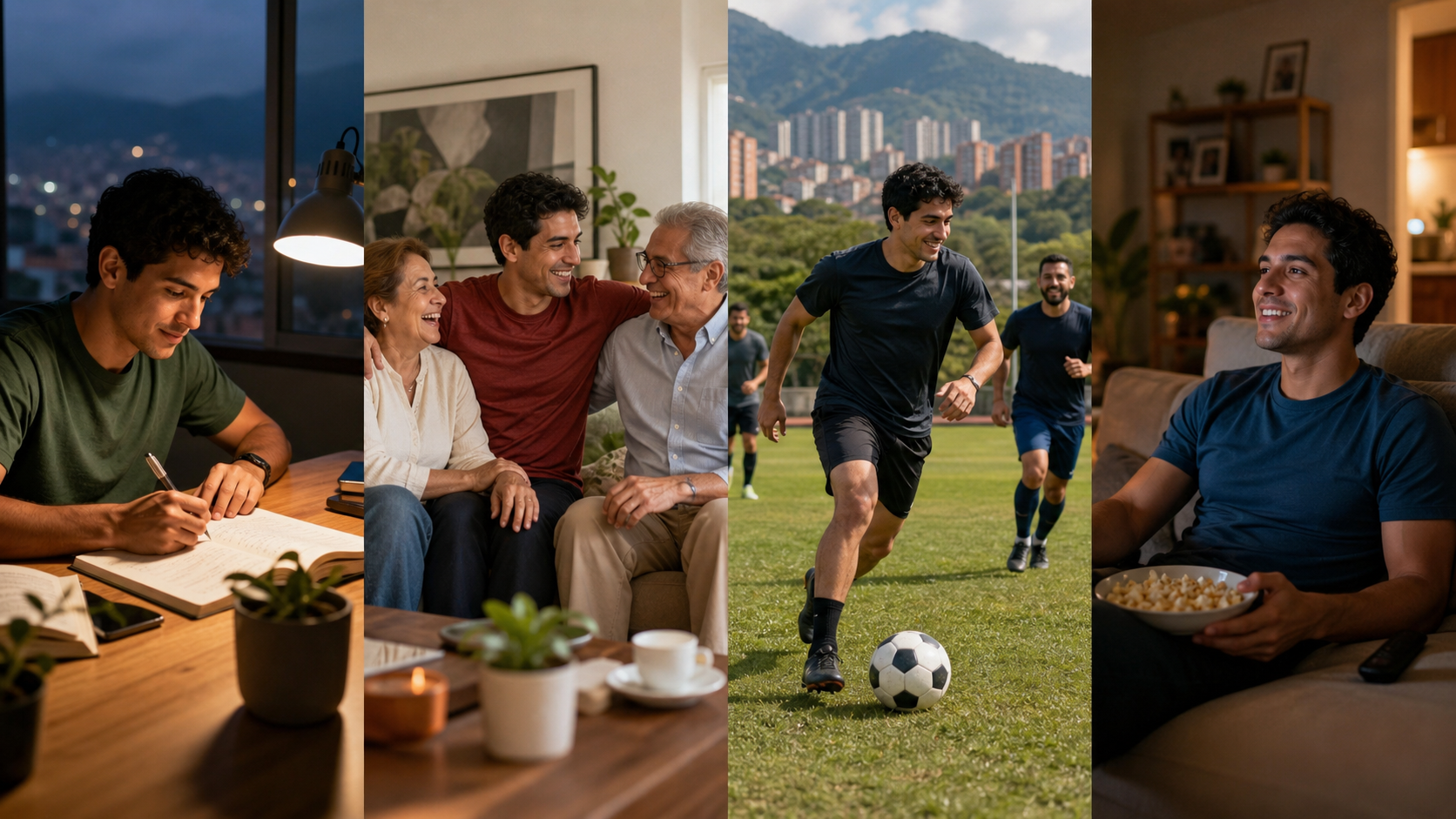 Four scenes from a teacher model: studying English, visiting family, playing soccer, and watching a movie