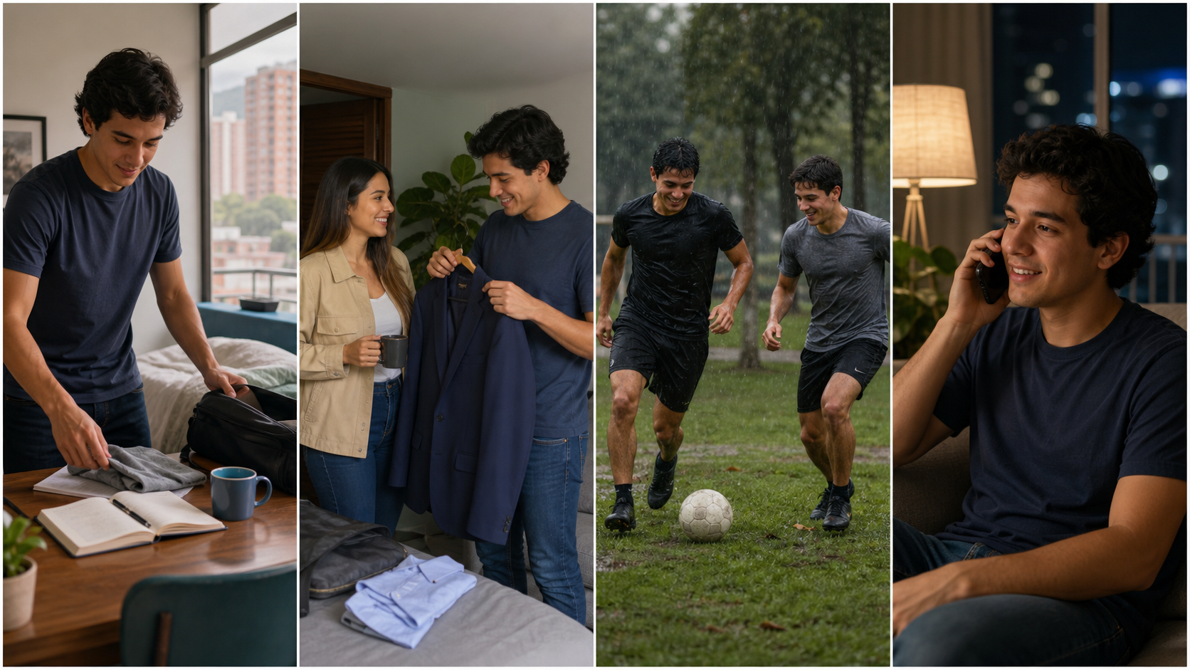 Four moments from Daniel's Saturday: studying, choosing a jacket, playing soccer, and answering a phone call