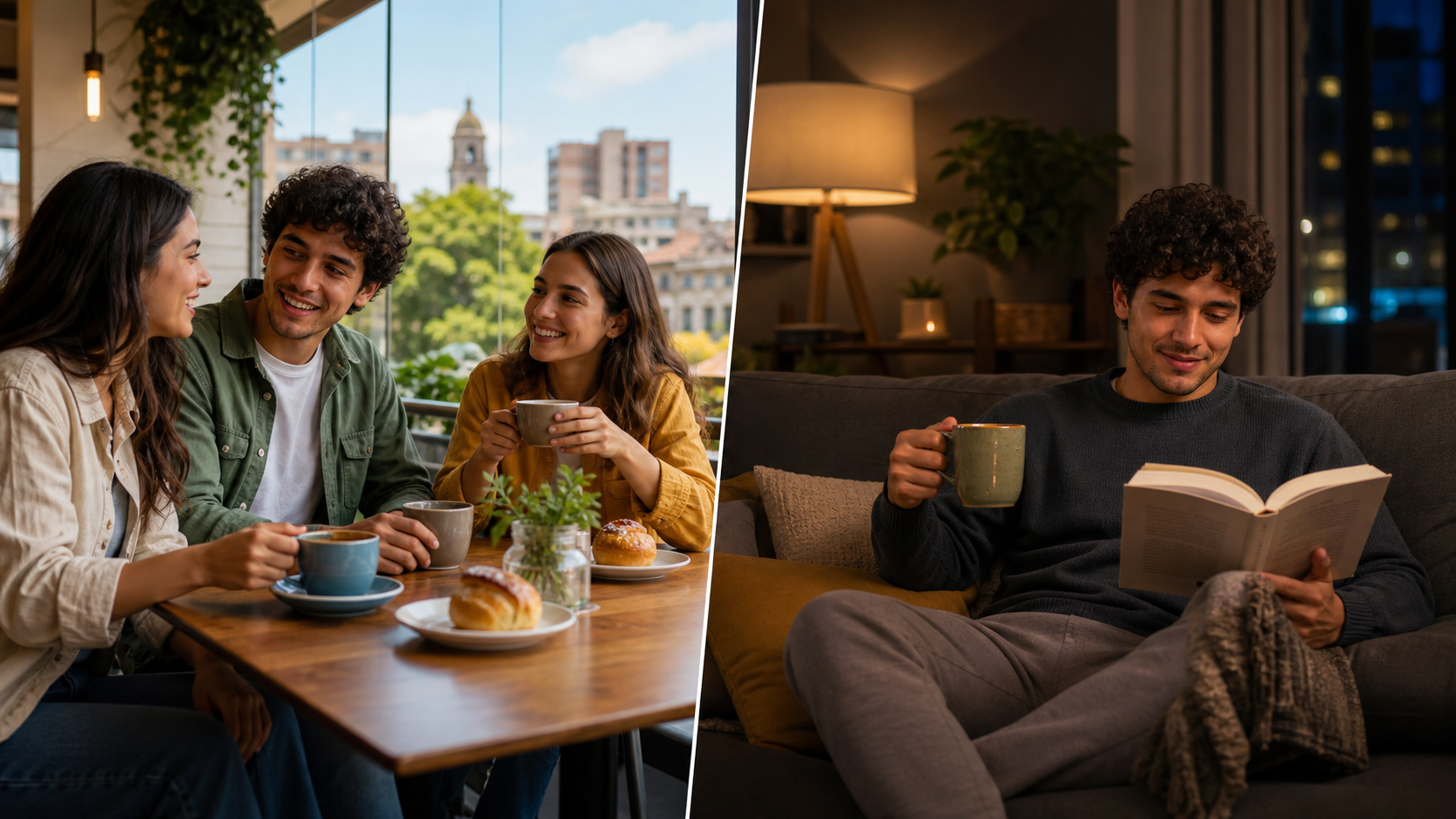 A social café weekend contrasted with a quiet weekend at home