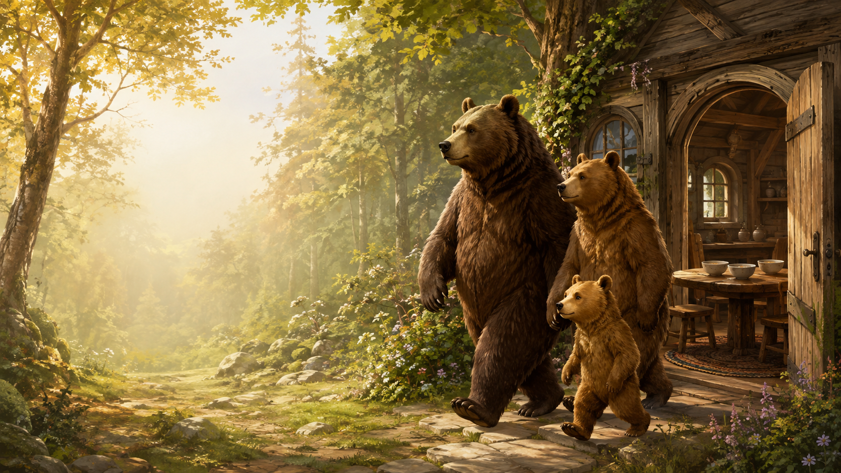 Three bears leaving their cottage in a sunny forest