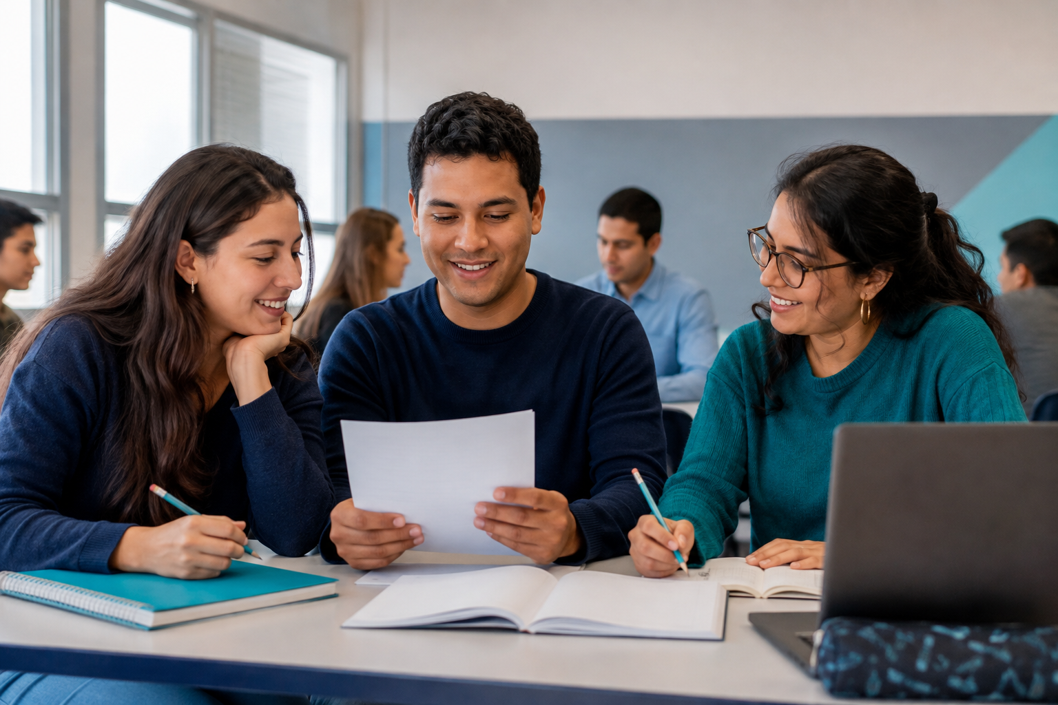 Three students preparing a story presentation