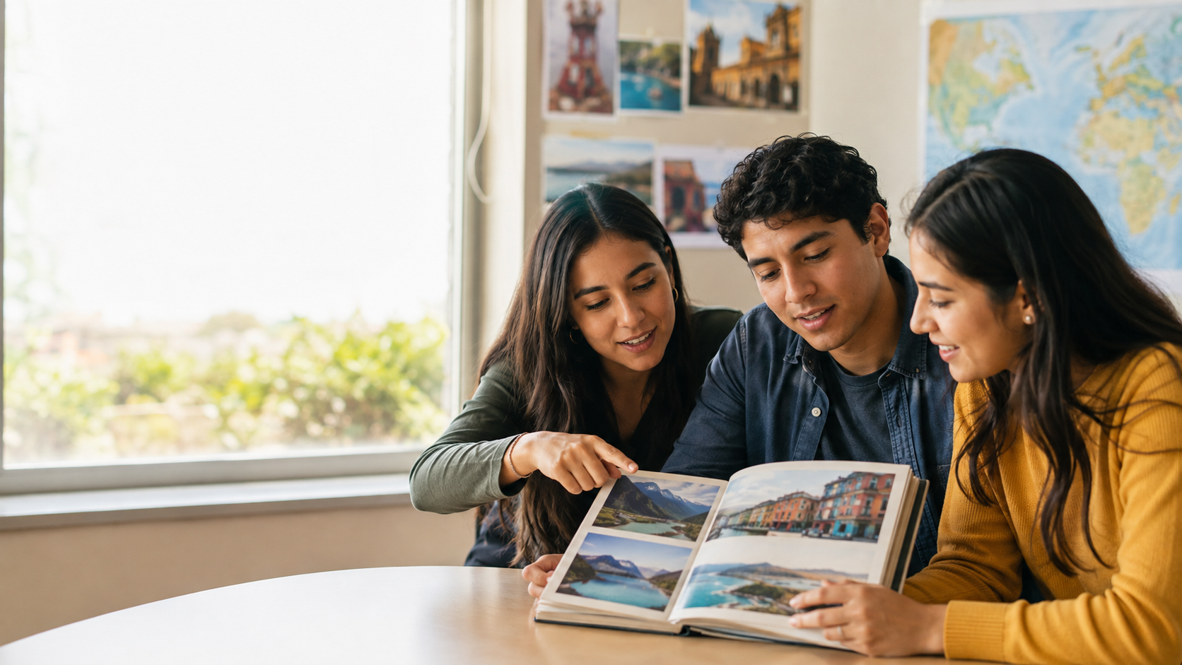 English learners discussing photographs from past travel memories