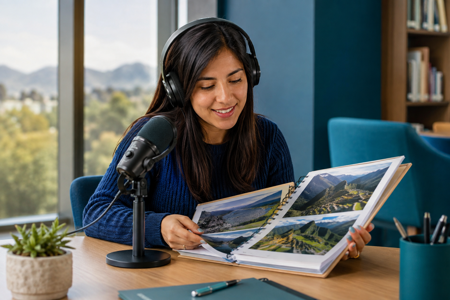 Learner rehearsing past memories with a microphone