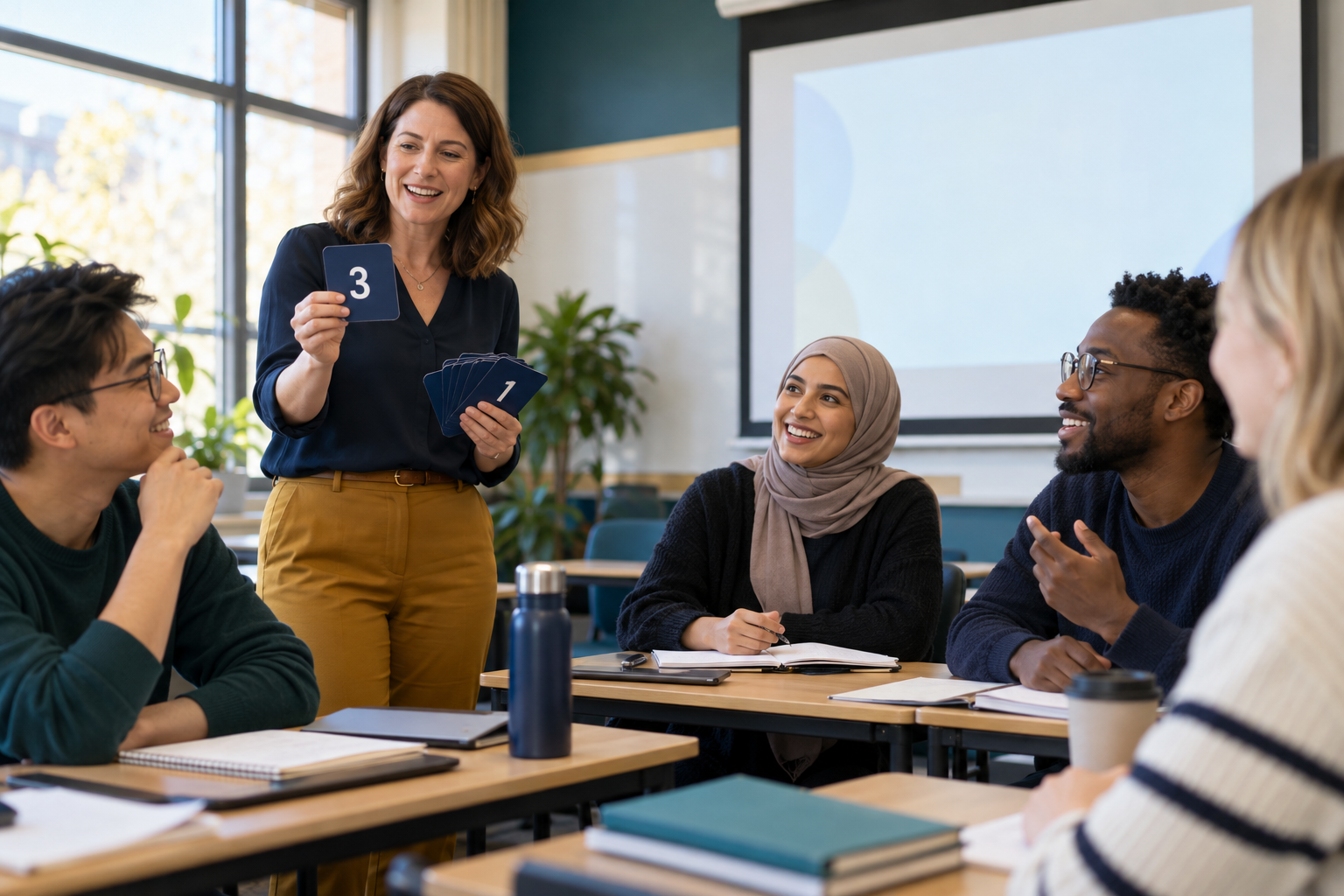 Teacher leading a picture-card conversation