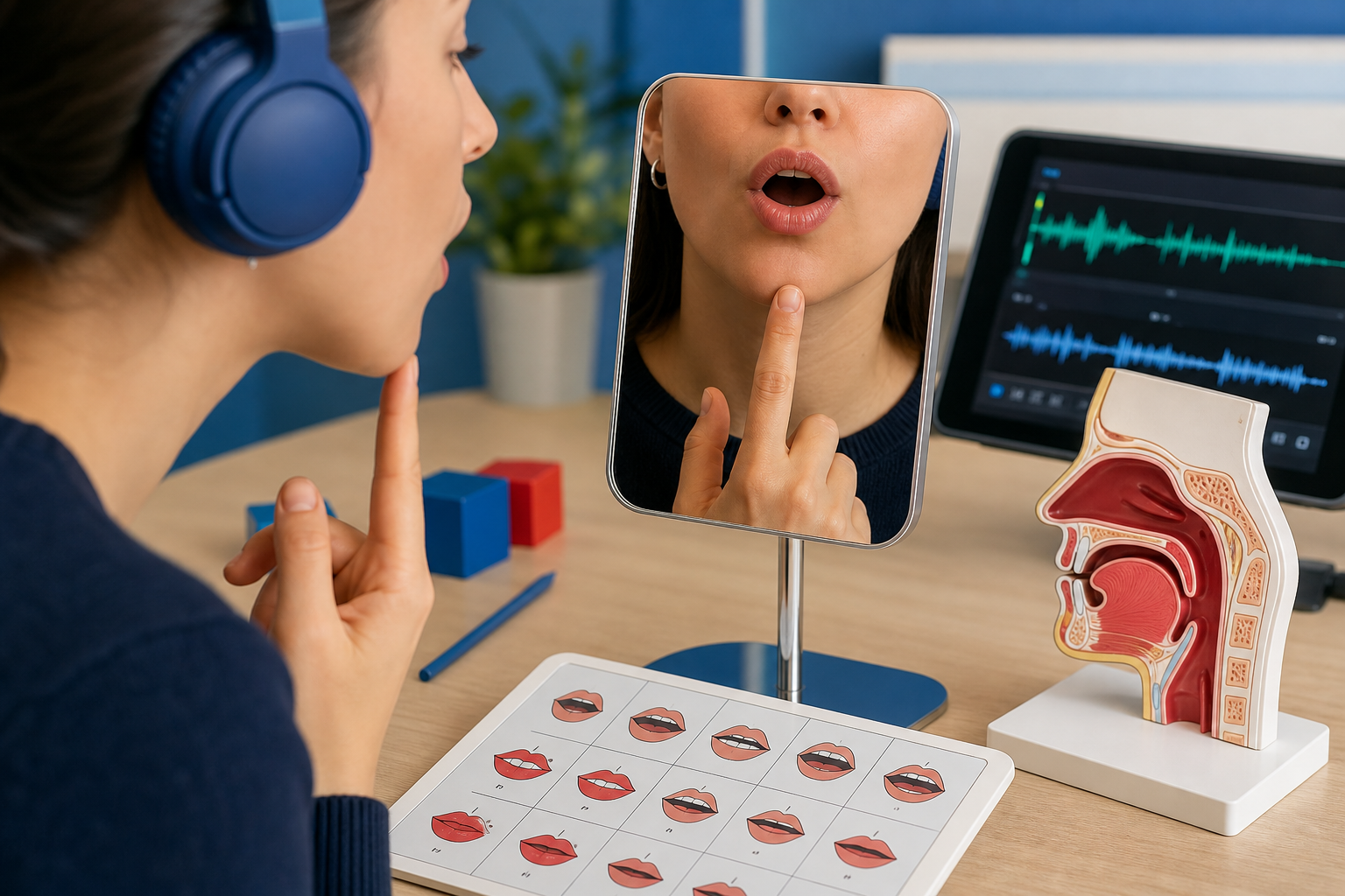 Learner practicing English mouth positions with a mirror