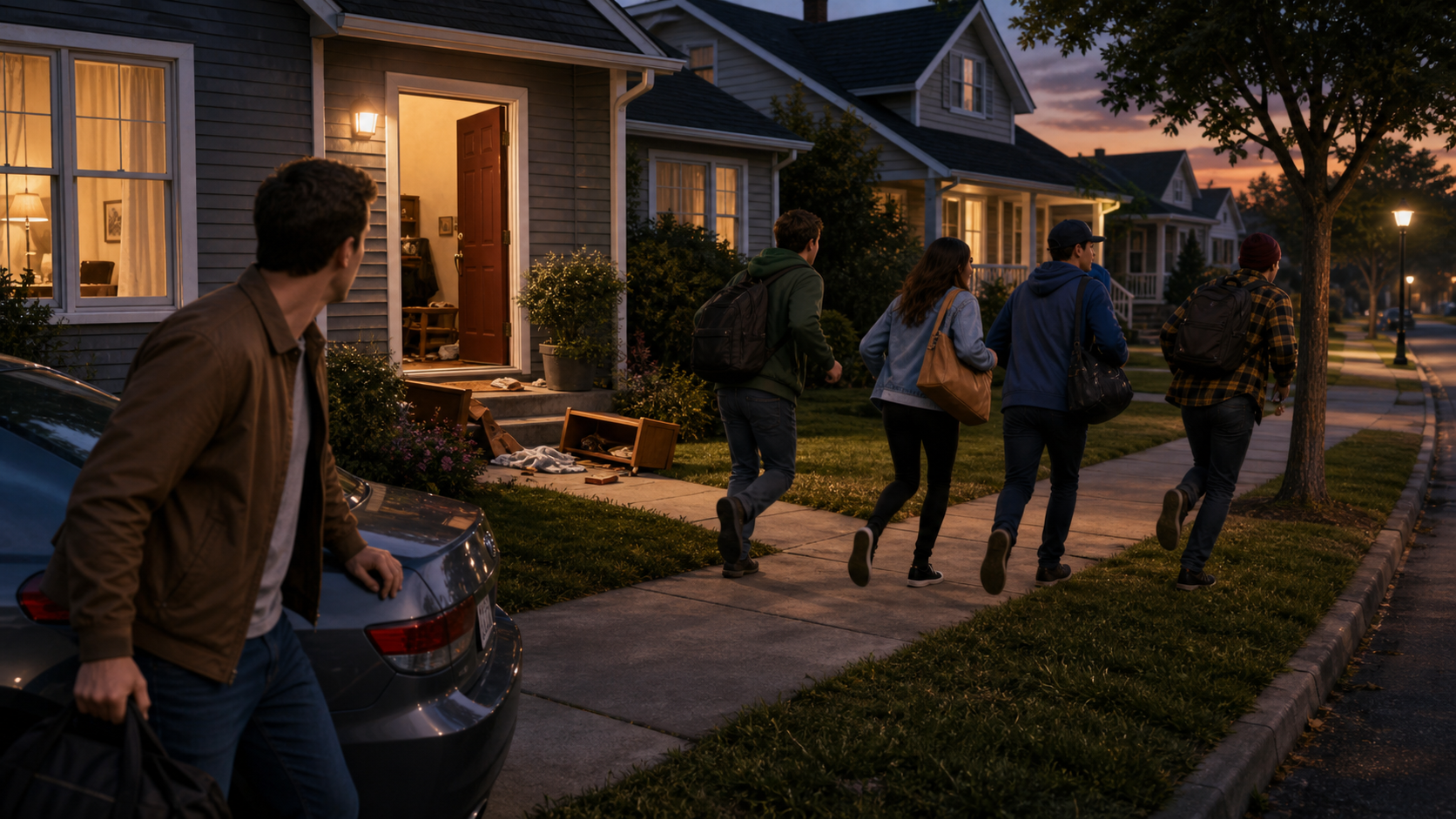 Four suspicious people leaving a neighborhood after a burglary