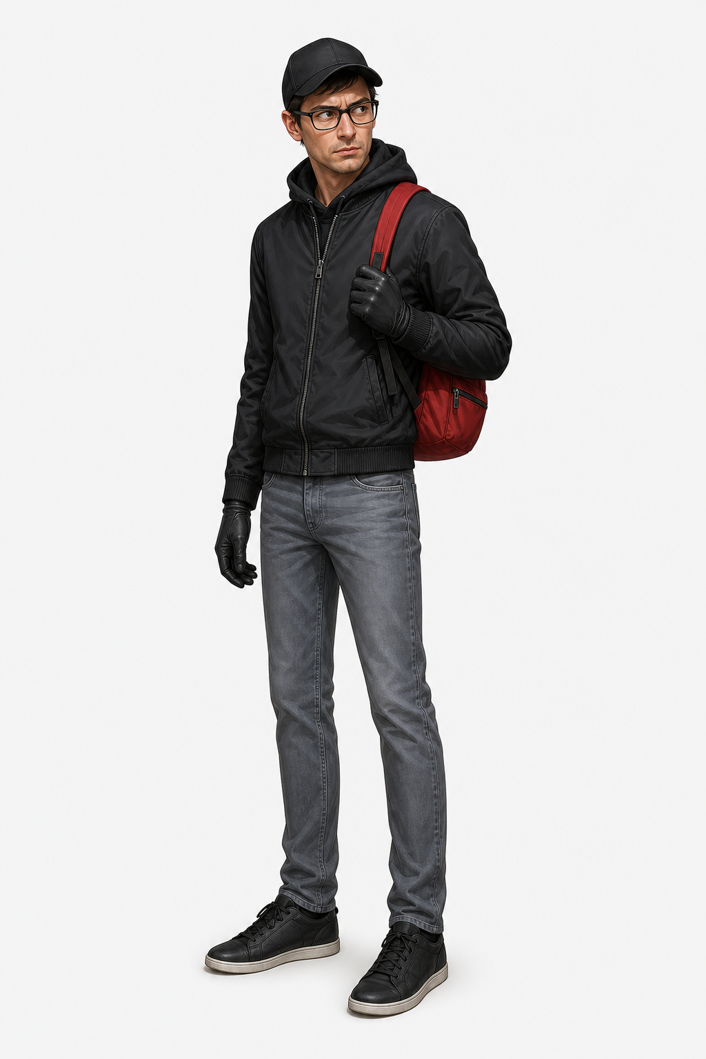 Suspect one wearing a black cap, glasses, gloves, and a red backpack