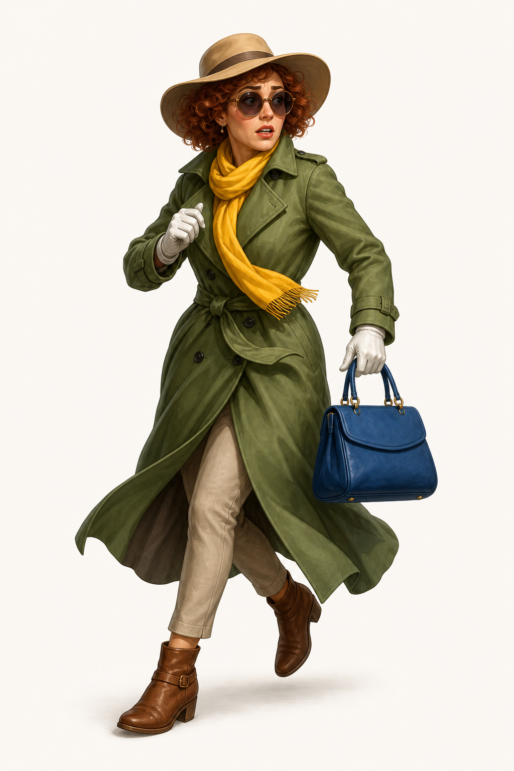 Suspect two wearing a tan hat, sunglasses, green coat, gloves, and boots