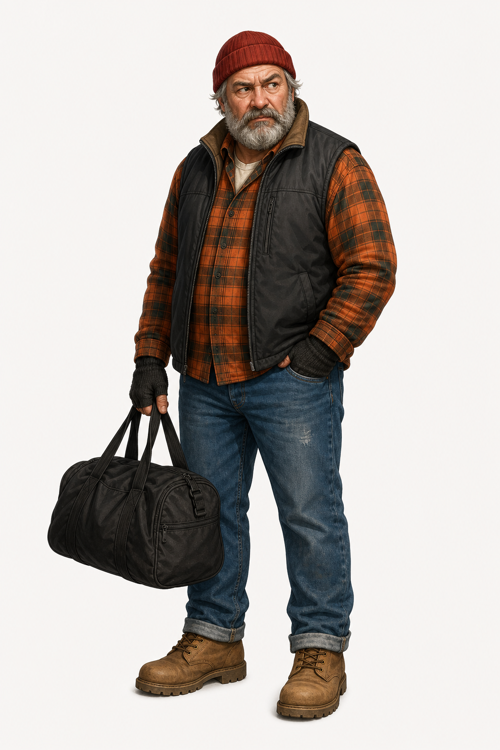 Suspect three wearing a red beanie, vest, gloves, boots, and carrying a duffel bag