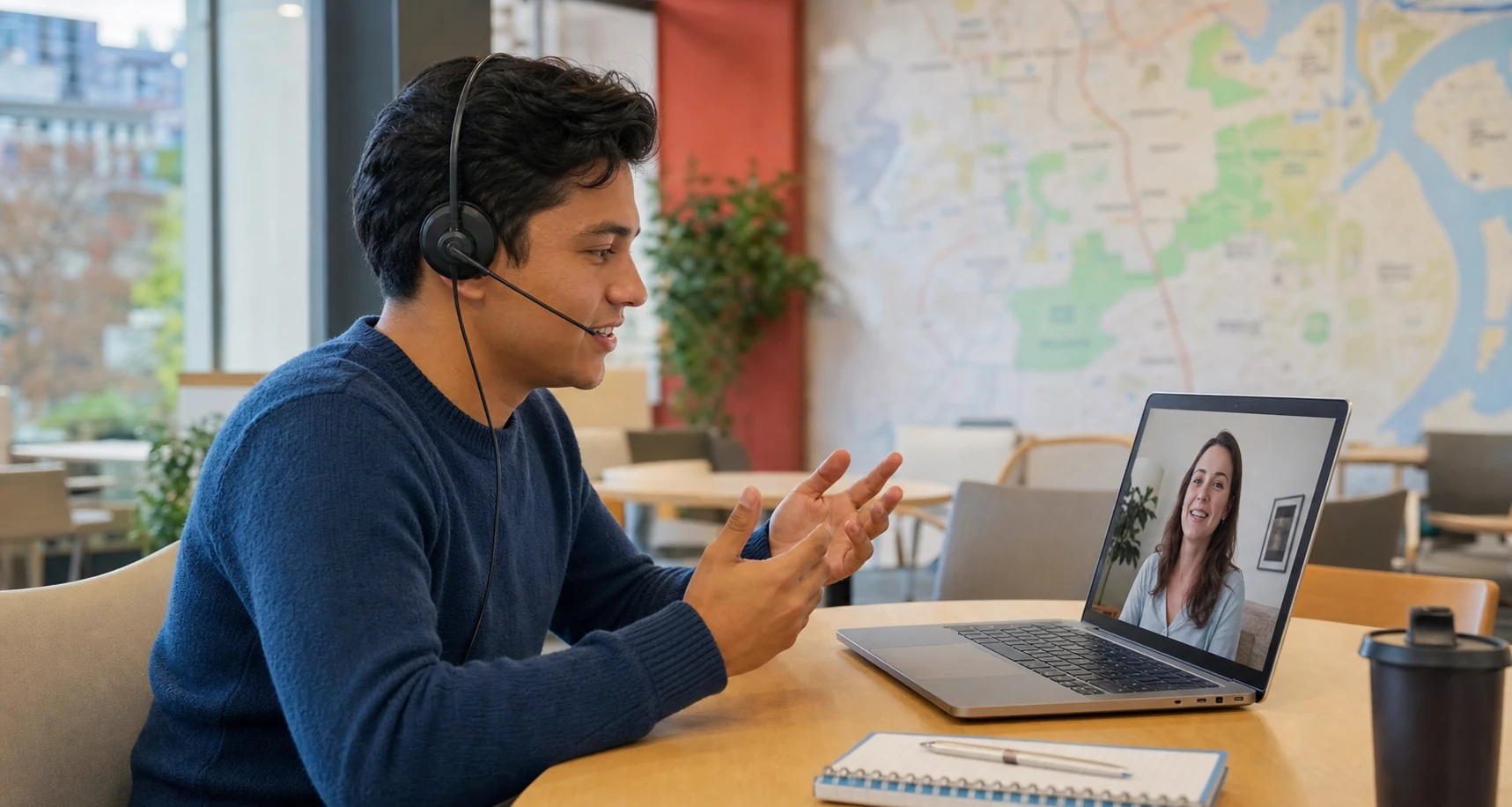 Adult learner practicing the institutional My Neighborhood oral task with a virtual partner