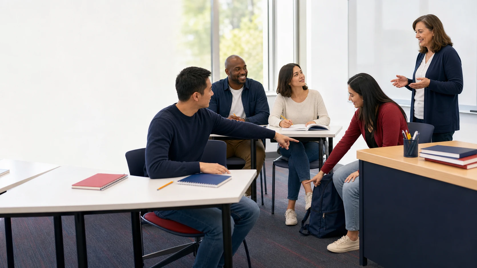 Adult English learners practicing classroom object and location language