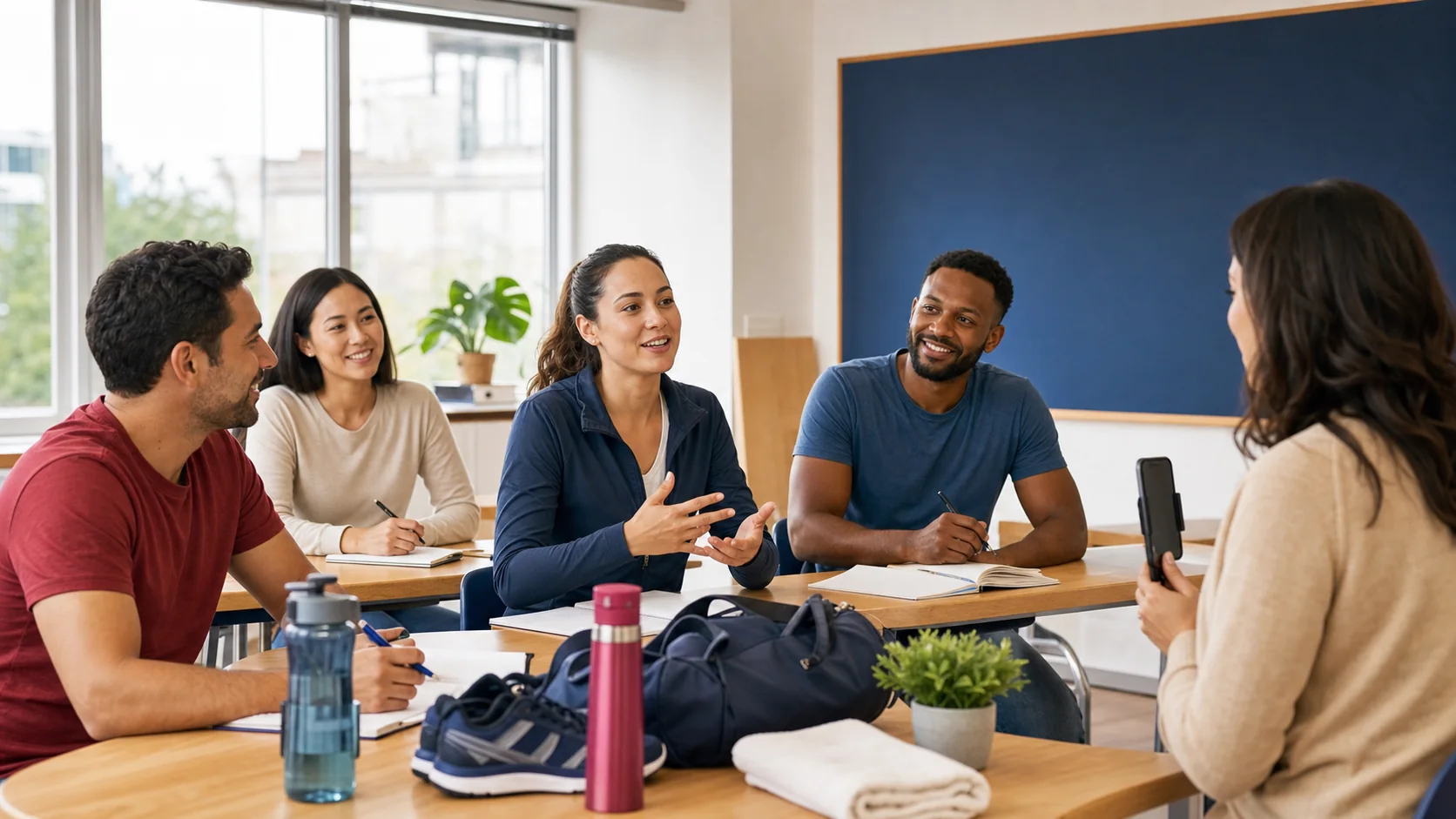 Adult English learners practicing daily routines and healthy habits