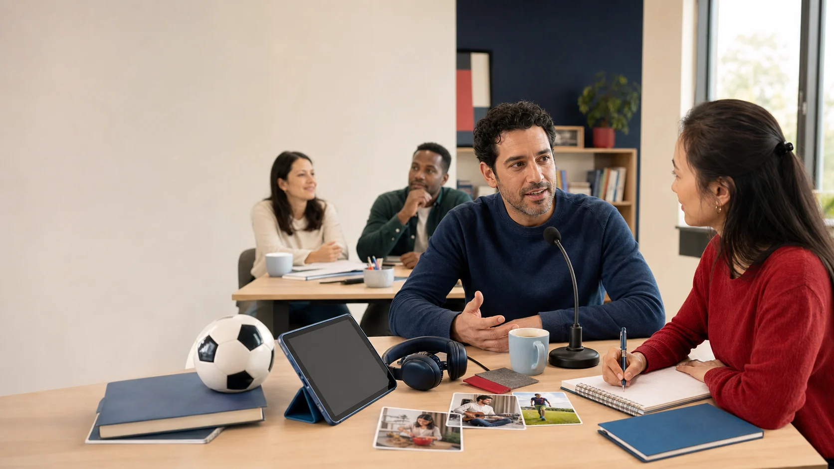 Adult English learners practicing free-time activities and preferences