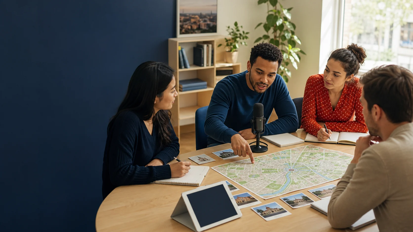 Adult English learners practicing neighborhood directions with a city map