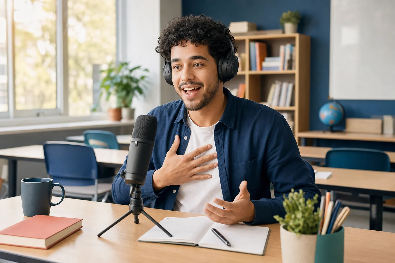 Adult learner practicing an English introduction with a microphone