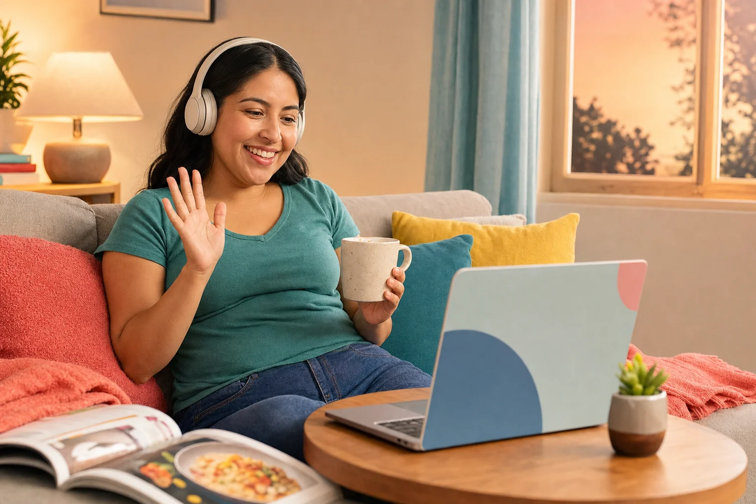 Adult learner relaxing with music and an online conversation after class