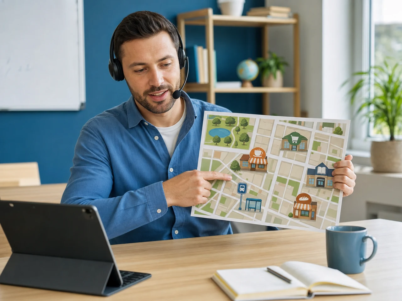 Adult learner practicing a neighborhood description with a city map