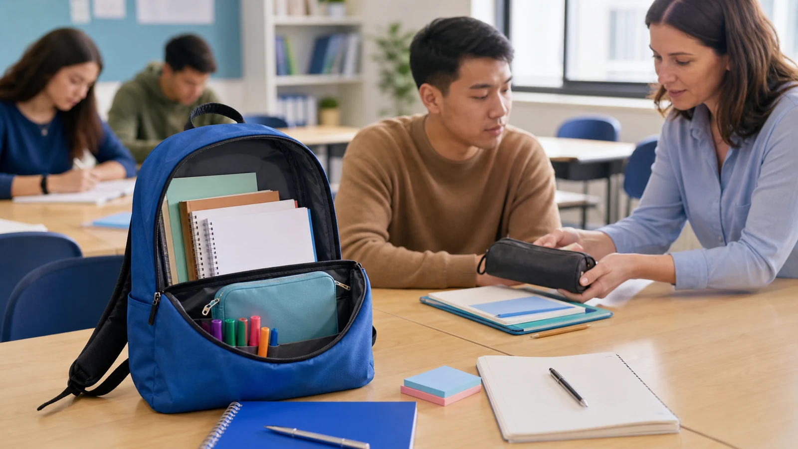 Blue backpack and classroom objects reading illustration