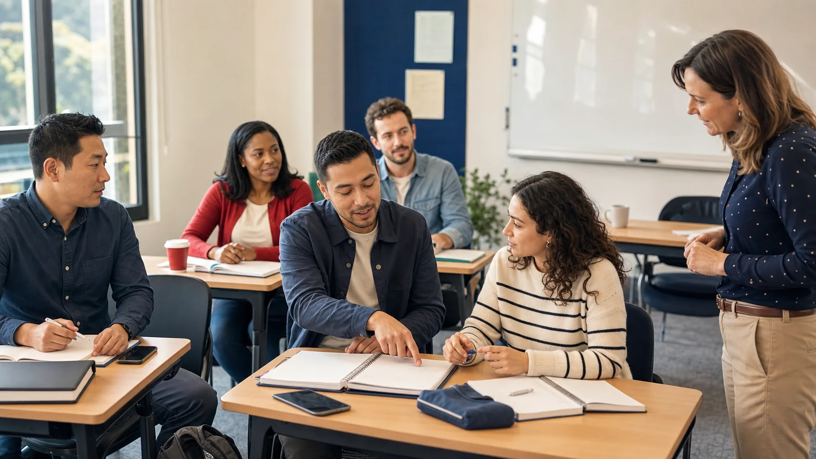 Adult English learners practicing classroom objects, location, and possession