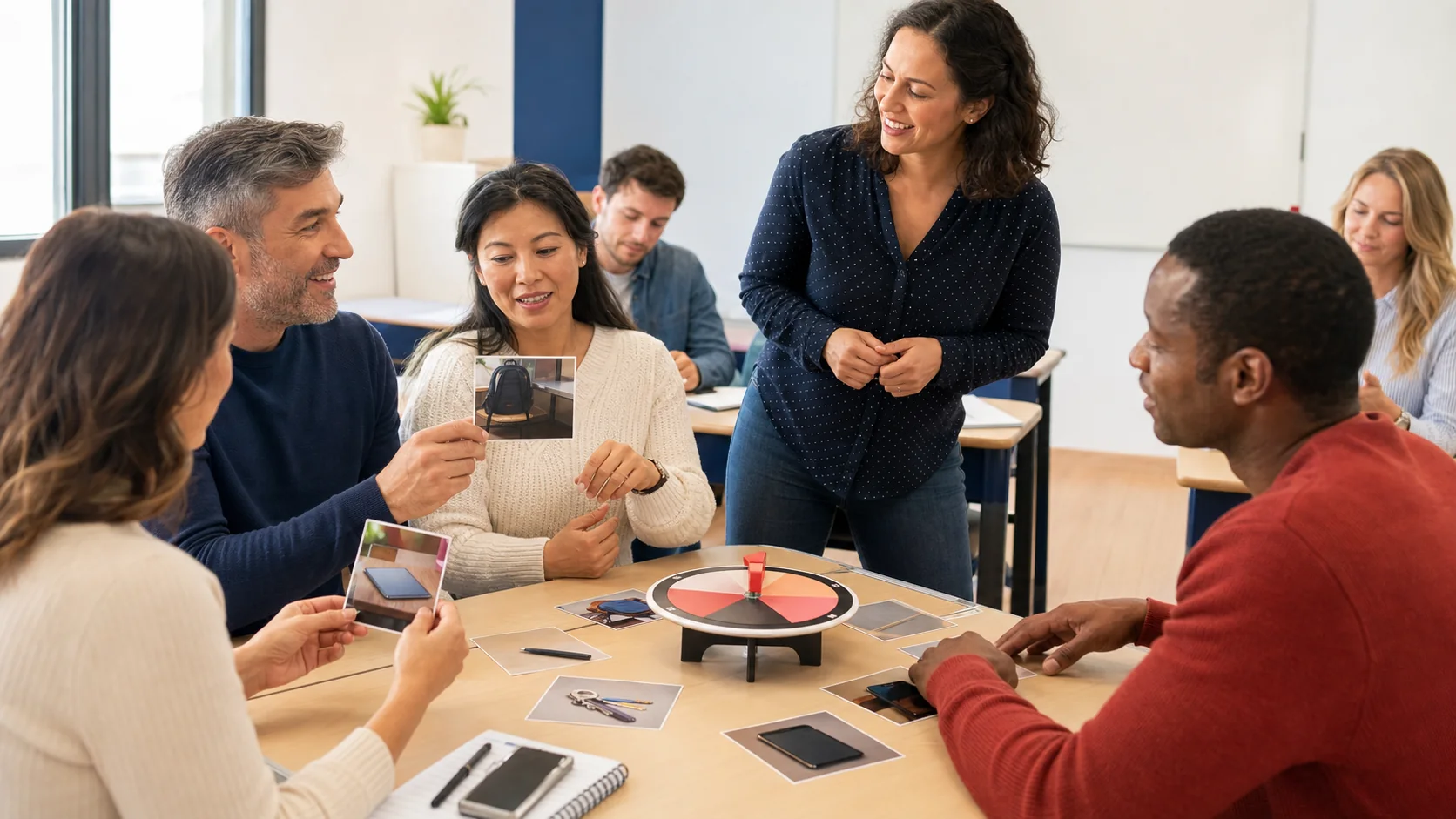 Adult English learners practicing location cards with a classroom roulette