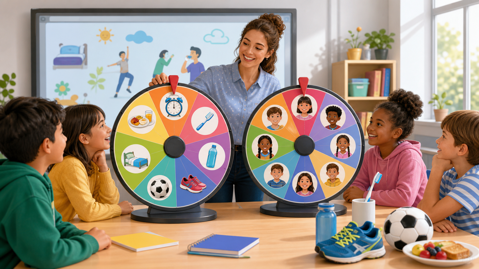 Students playing a routines and habits roulette game