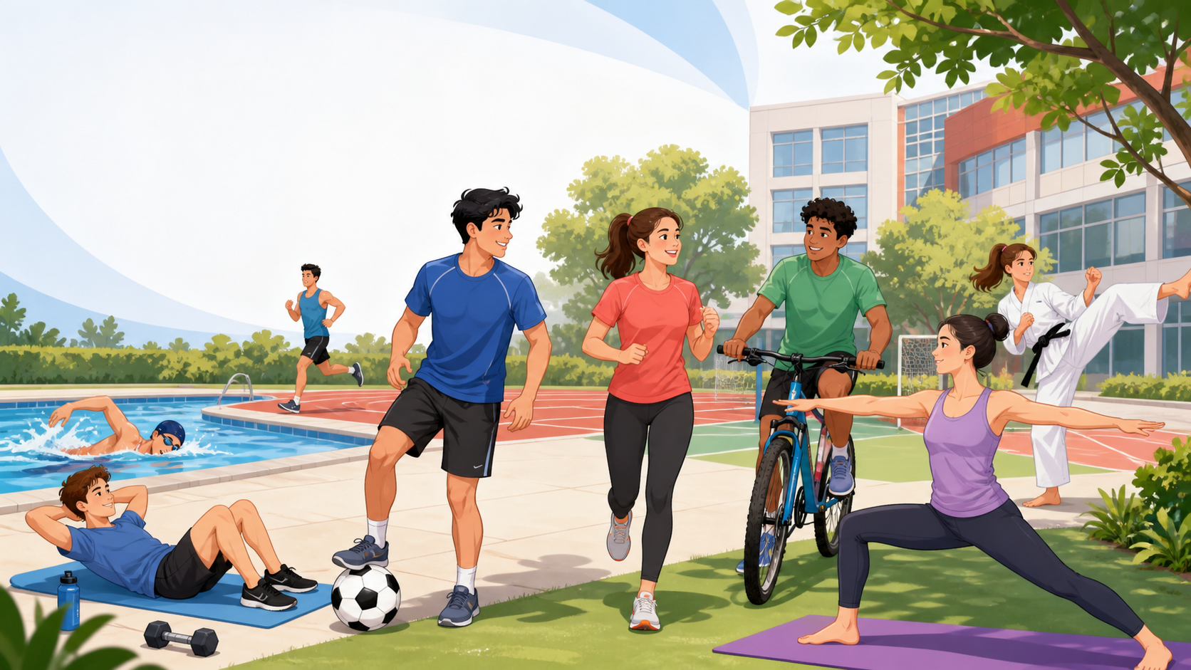 Students practicing sports and healthy routines