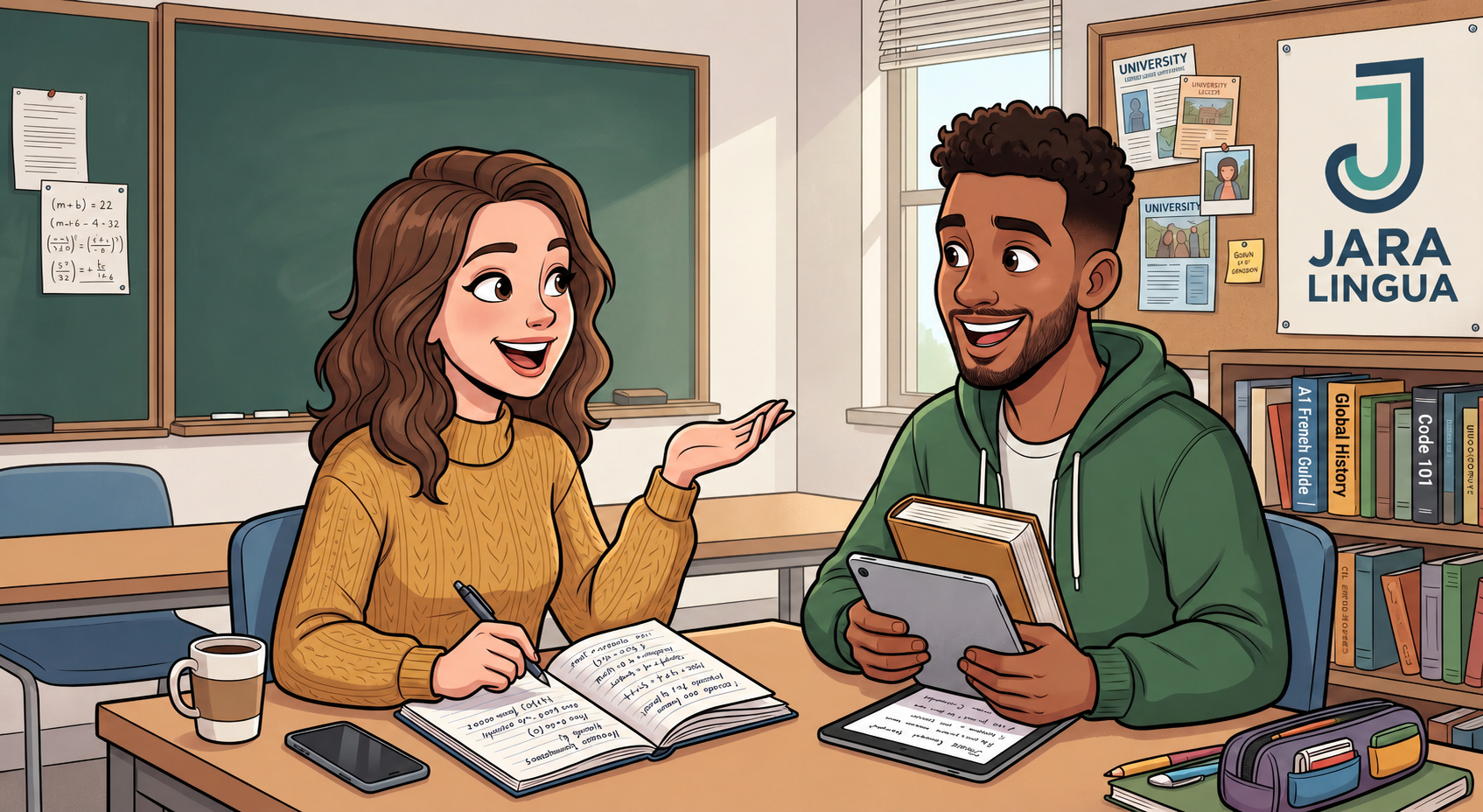 Two students discussing weekly routines in English class