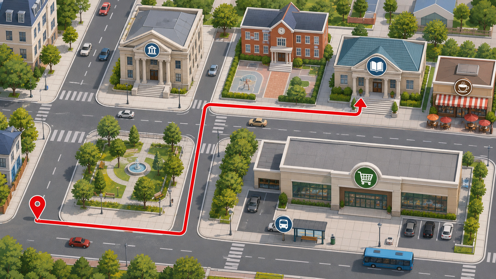 Professional illustrated city map showing a route to the library with a bank, school, cafe, supermarket, and bus stop