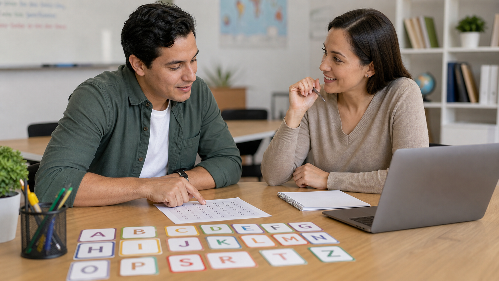 Adult English learner practicing alphabet and spelling with a teacher