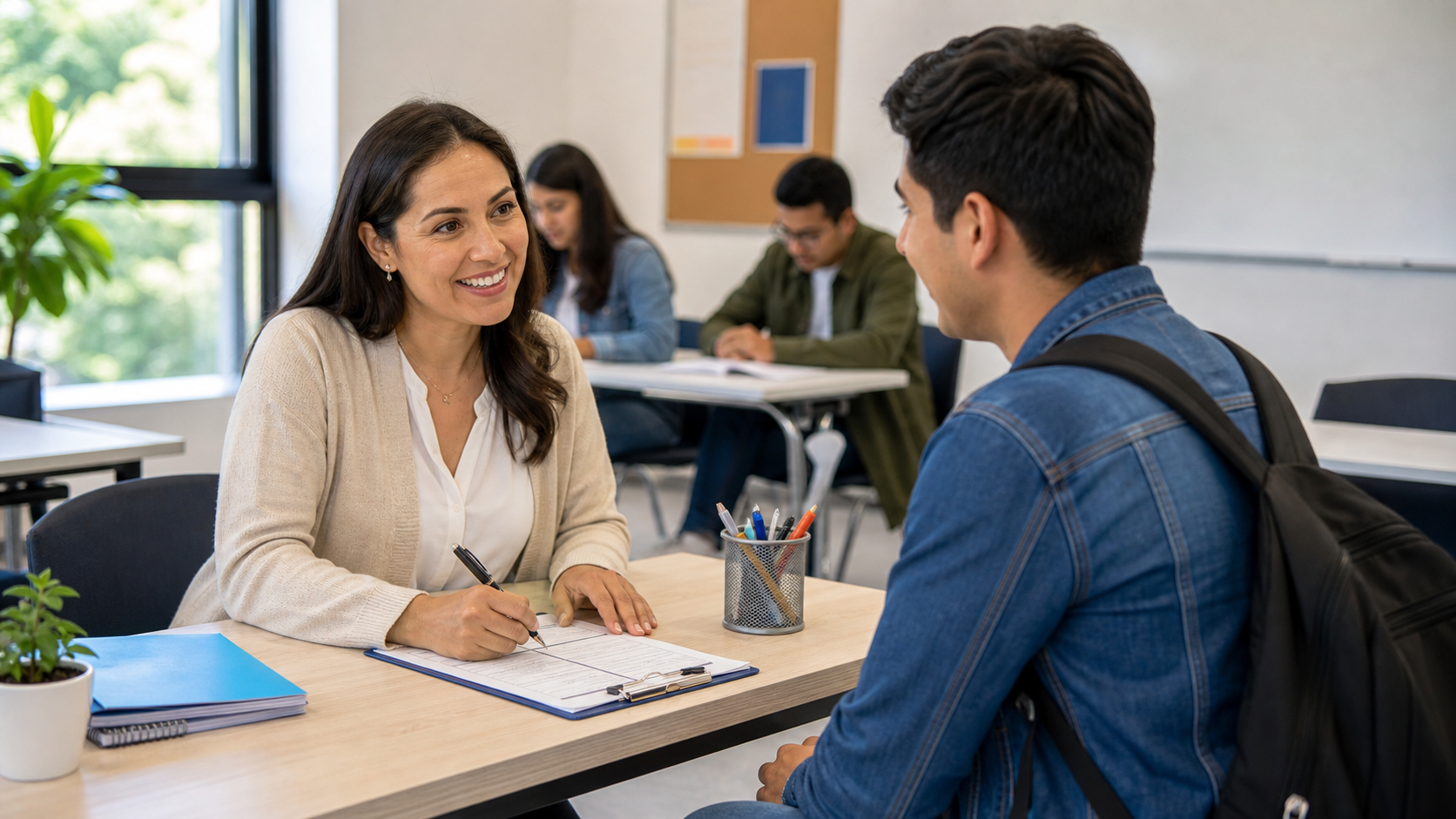 Teacher welcoming an adult English student on the first day of class