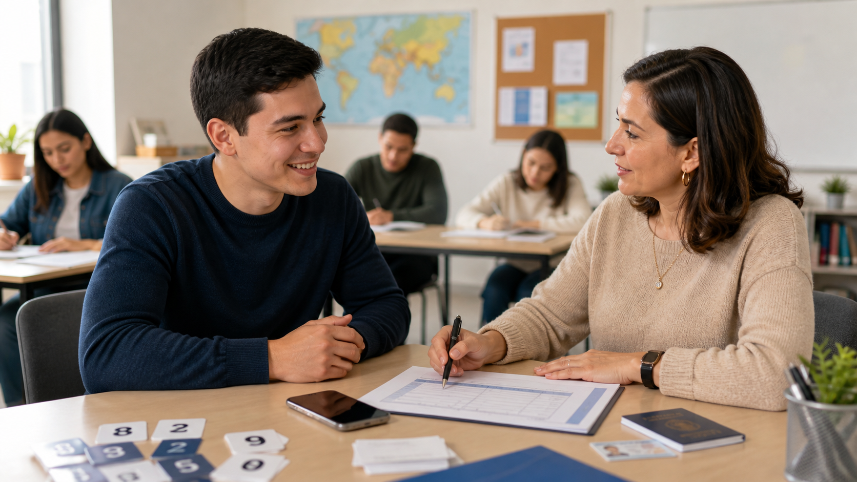 Adult English student giving personal information in class