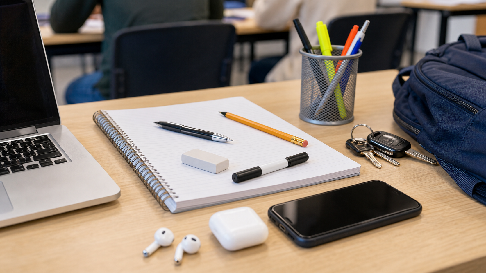 Classroom objects on a student desk for possession vocabulary