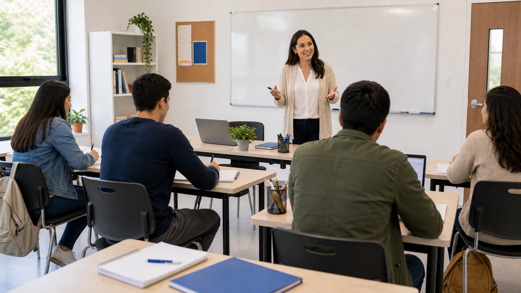 Adult English class with teacher, students, desks, board, and classroom objects