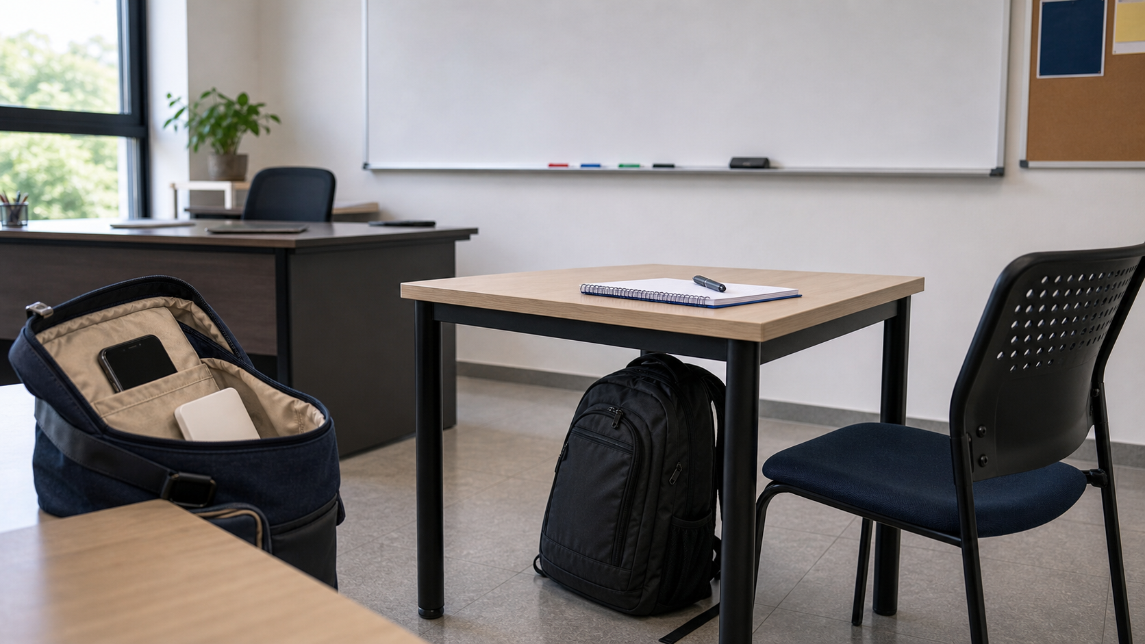 Classroom objects placed under, on, in, and next to desks for location explanation